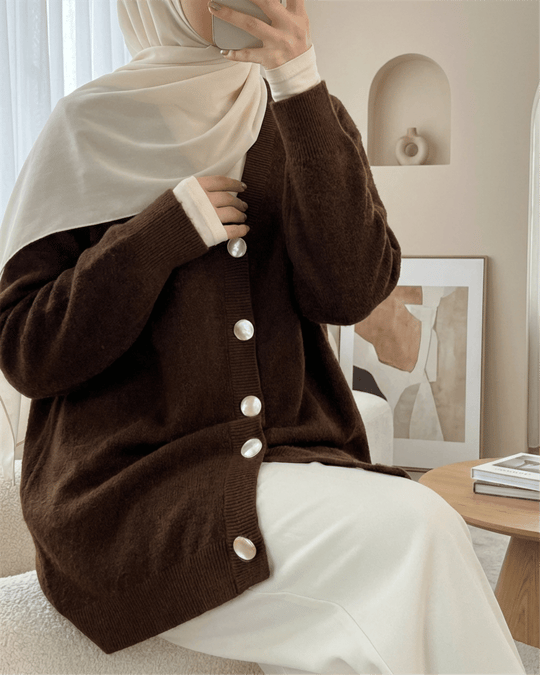 Önü Düğmeli Sakallı Salaş Triko Hırka -Kahve