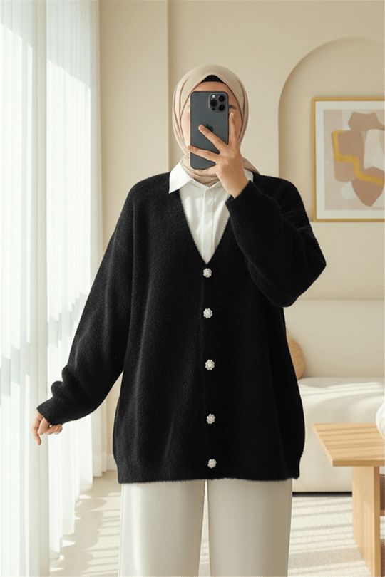 Womens Front Button-Front Eyelash-Knit Relaxed Knit Cardigan - Black