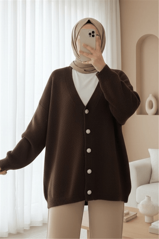 Önü Düğmeli Sakallı Salaş Triko Hırka   -Kahve