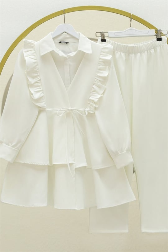 Önü Fırfırlı Bağcıklı Eteği Katlı Pantolonlu Kimono Takım   -Beyaz