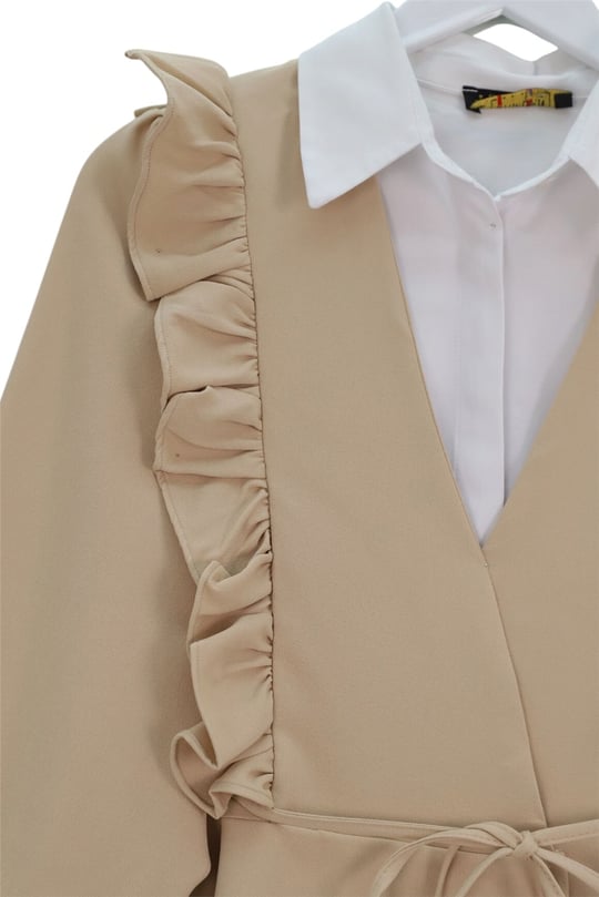Önü Fırfırlı Bağcıklı Eteği Katlı Pantolonlu Kimono Takım -Bej