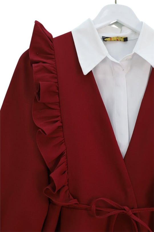 Önü Fırfırlı Bağcıklı Eteği Katlı Pantolonlu Kimono Takım -Bordo