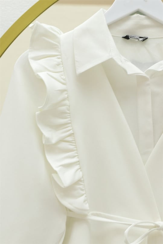 Önü Fırfırlı Bağcıklı Eteği Katlı Pantolonlu Kimono Takım   -Beyaz