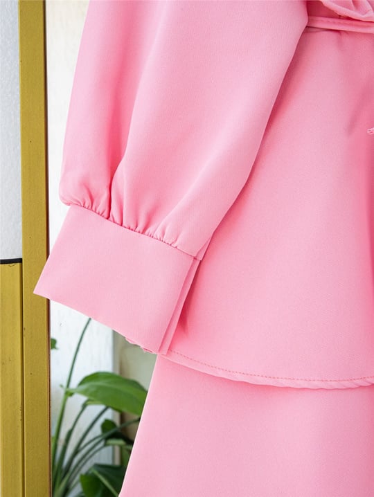 Önü Fırfırlı Bağcıklı Eteği Katlı Pantolonlu Kimono Takım    -Pembe