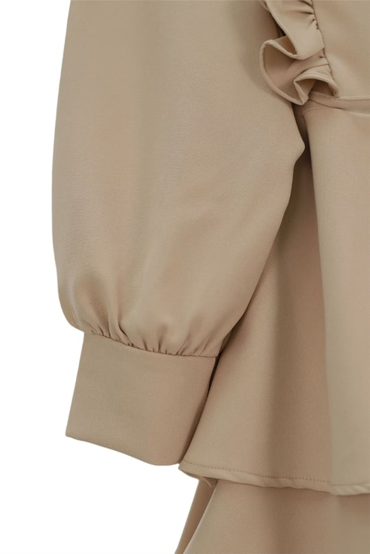Önü Fırfırlı Bağcıklı Eteği Katlı Pantolonlu Kimono Takım -Bej