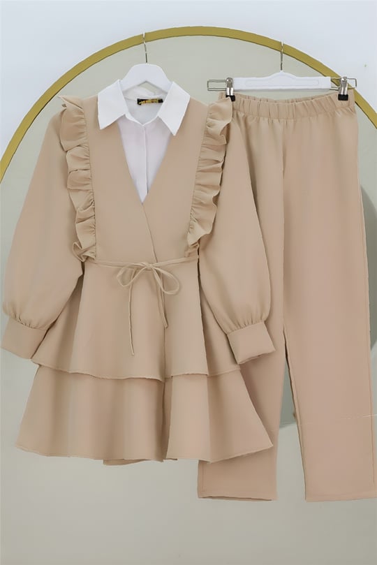 Önü Fırfırlı Bağcıklı Eteği Katlı Pantolonlu Kimono Takım -Bej
