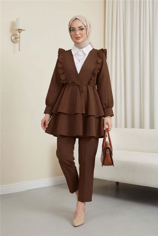 Önü Fırfırlı Bağcıklı Eteği Katlı Pantolonlu Kimono Takım     -Taba