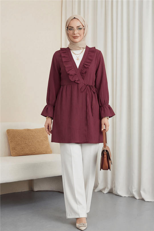 Önü Fırfırlı Bağlamalı Krinkıl Kimono -Bordo