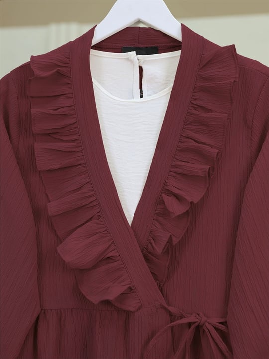 Önü Fırfırlı Bağlamalı Krinkıl Kimono -Bordo