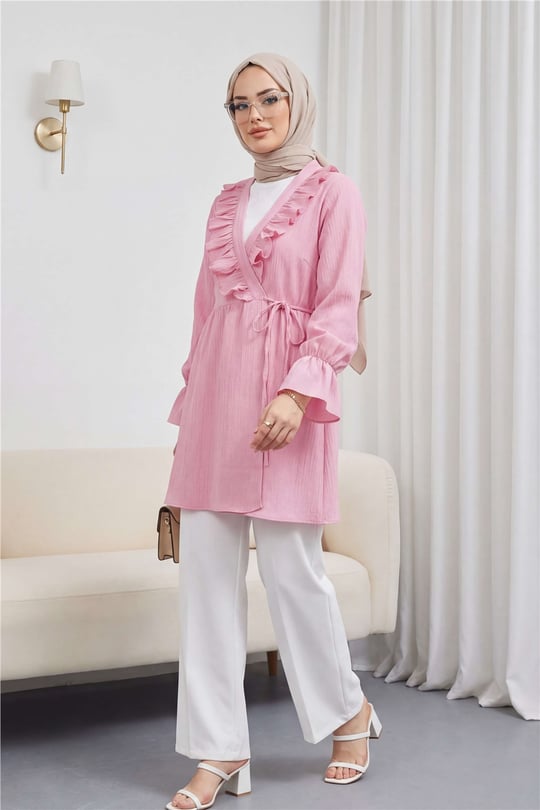 Önü Fırfırlı Bağlamalı Krinkıl Kimono   -Pembe