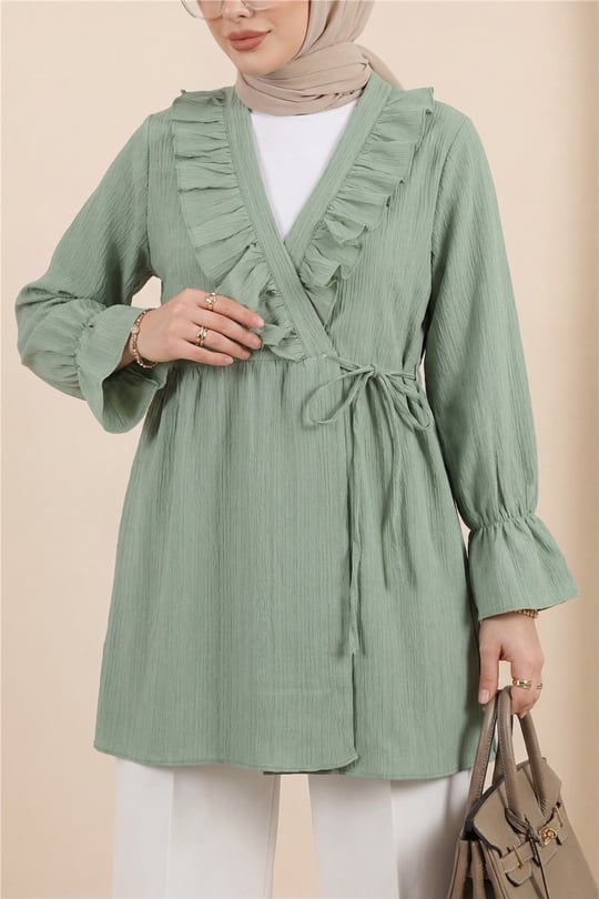 Önü Fırfırlı Bağlamalı Krinkıl Kimono -Mint