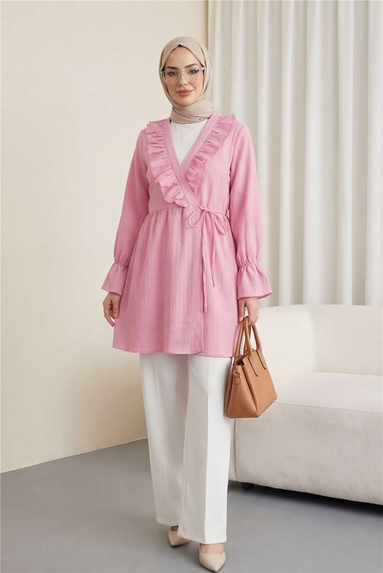 Önü Fırfırlı Bağlamalı Krinkıl Kimono   -Pembe