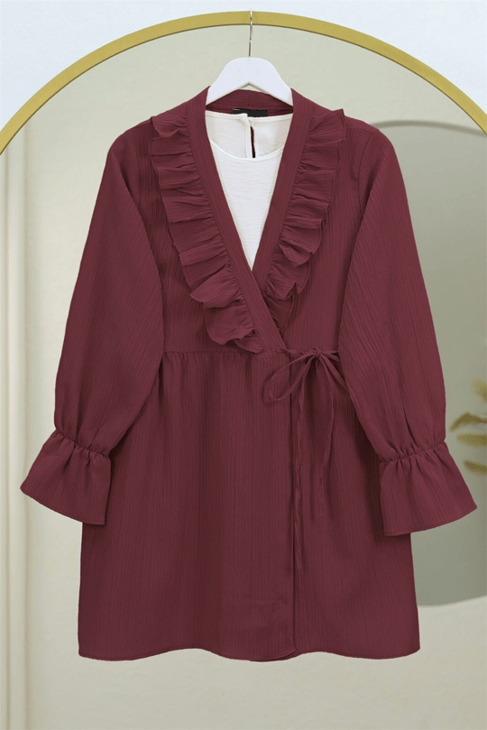 Önü Fırfırlı Bağlamalı Krinkıl Kimono -Bordo