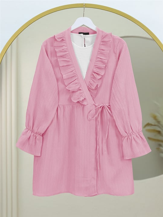 Önü Fırfırlı Bağlamalı Krinkıl Kimono   -Pembe