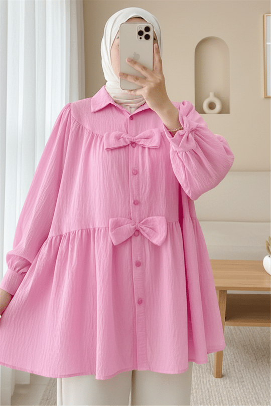 Önü Fiyonk Detaylı Parçalı Gömlek -Pembe