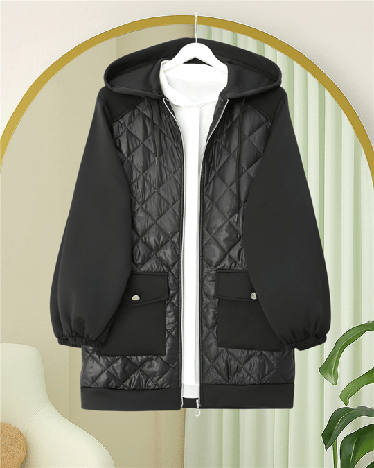 Womens Front Quilted Detail Hooded Pocket Scuba Sweatshirt - Black