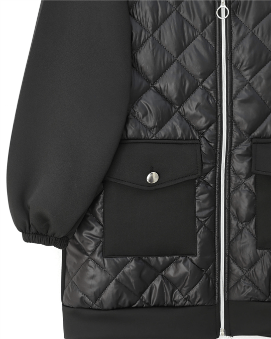 Womens Front Quilted Detail Hooded Pocket Scuba Sweatshirt - Black