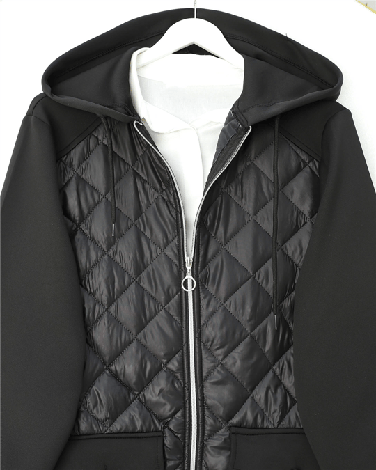 Womens Front Quilted Detail Hooded Pocket Scuba Sweatshirt - Black