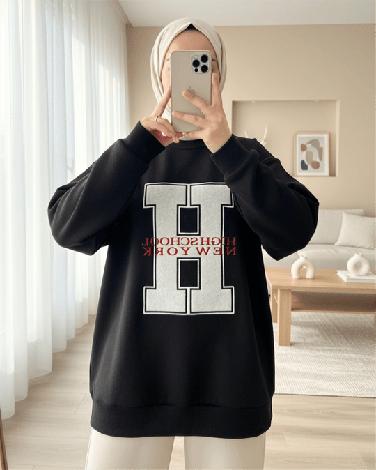 Önü Nakışlı Bisiklet Yaka Sweat Tunik -Siyah