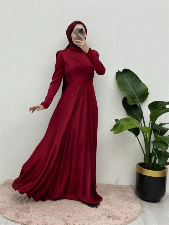 Önü Pliseli Saten Abiye  -Bordo
