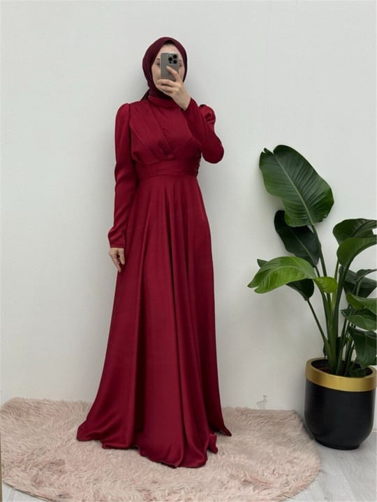 Önü Pliseli Saten Abiye  -Bordo