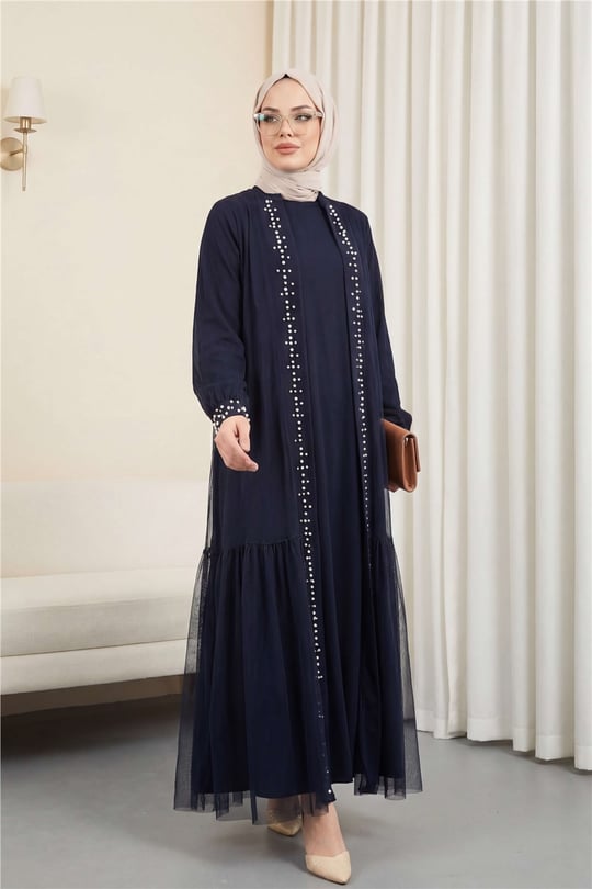 Önü Taş Ve İnci Detaylı Beli Bağcıklı İkili Abaya -Laci