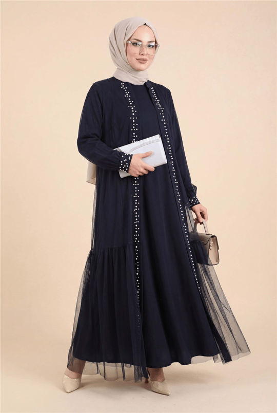 Önü Taş Ve İnci Detaylı Beli Bağcıklı İkili Abaya -Laci