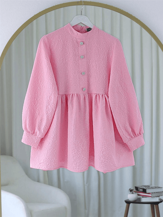 Önü Taşlı Düğme Detaylı Parçalı Arkası Fermuarlı Tunik -Pembe