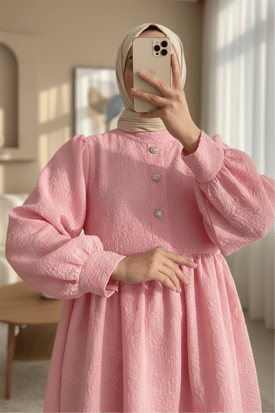 Önü Taşlı Düğme Detaylı Parçalı Arkası Fermuarlı Tunik -Pembe