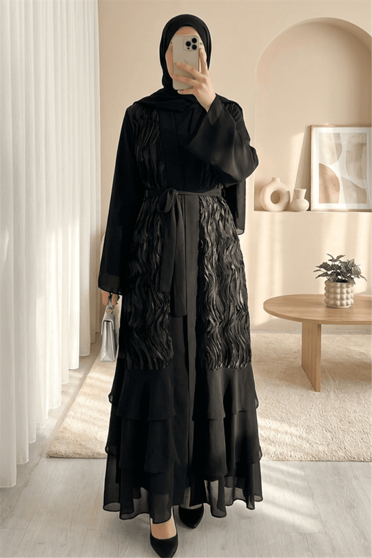 Önü Tül Detaylı Kemerli Eteği Katlı İkili Abaya Takım -Siyah