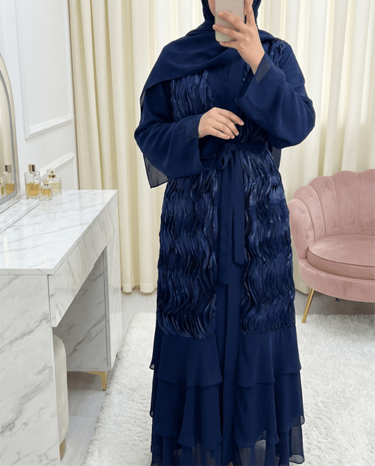Önü Tül Detaylı Kemerli Eteği Katlı İkili Abaya Takım -Laci