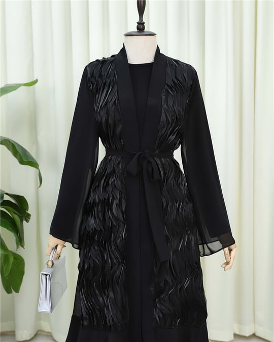 Önü Tül Detaylı Kemerli Eteği Katlı İkili Abaya Takım -Siyah