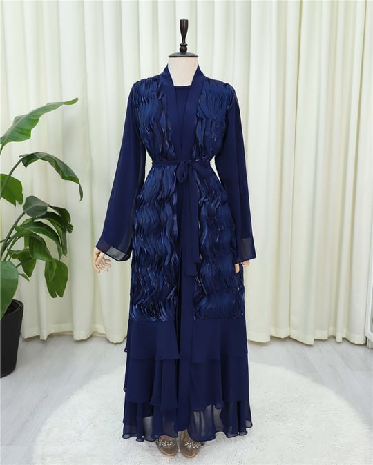 Önü Tül Detaylı Kemerli Eteği Katlı İkili Abaya Takım -Laci