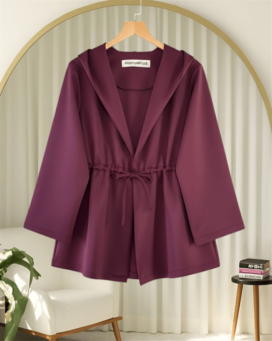 Önü Tünel Bağcıklı Scuba Kimono -Bordo