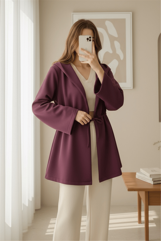 Önü Tünel Bağcıklı Scuba Kimono -Bordo