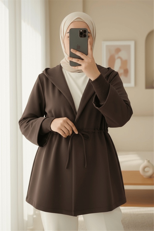 Önü Tünel Bağcıklı Scuba Kimono -K. Kahve
