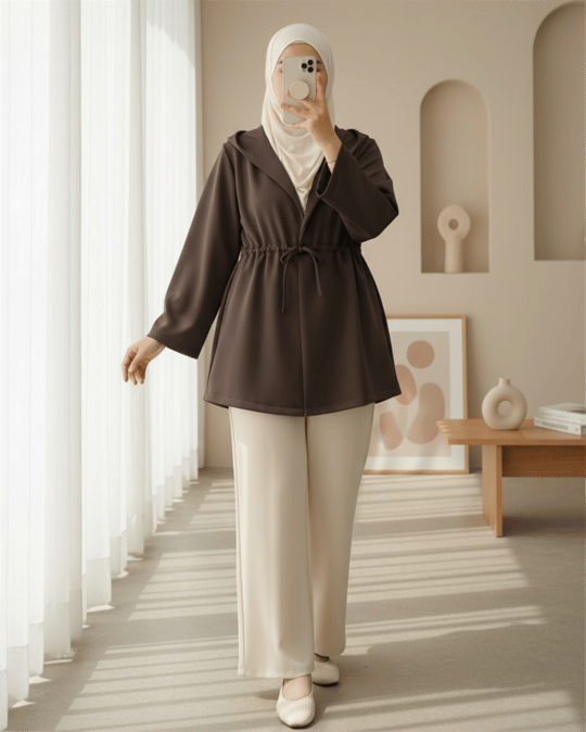 Önü Tünel Bağcıklı Scuba Kimono -K. Kahve