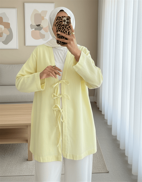 Önü Üç Bağcıklı Keten Kimono -Açık Sarı