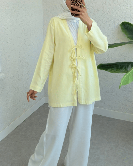 Önü Üç Bağcıklı Keten Kimono -Açık Sarı