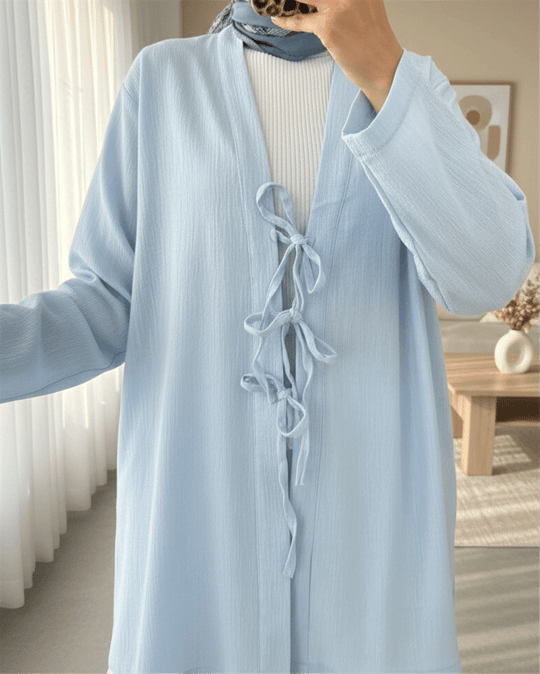 Önü Üç Bağcıklı Keten Kimono -Bebe Mavi