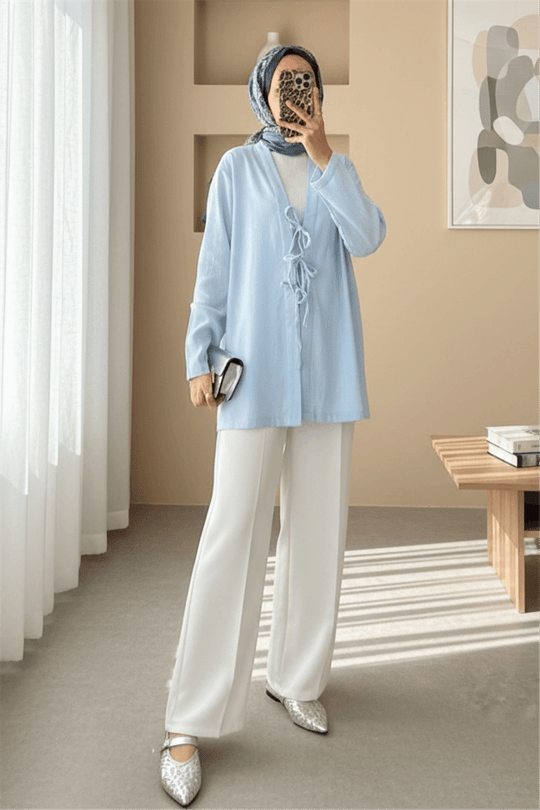 Önü Üç Bağcıklı Keten Kimono -Bebe Mavi