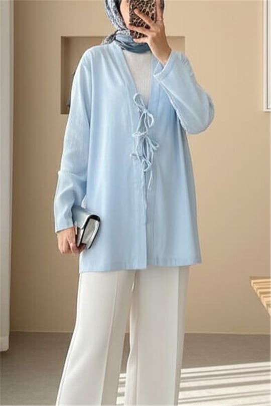 Önü Üç Bağcıklı Keten Kimono -Bebe Mavi