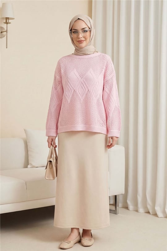 Önü Ve Kolları Desenli Ajurlu Triko Kazak -Pembe
