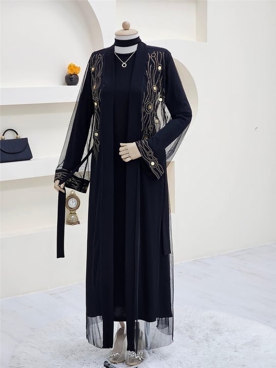 Önü Ve Manşeti Taşlı Abaya  -Bakır