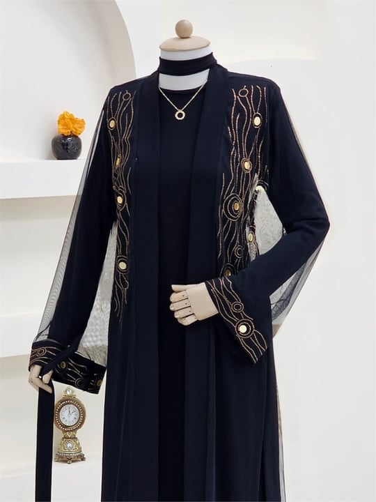 Önü Ve Manşeti Taşlı Abaya  -Bakır