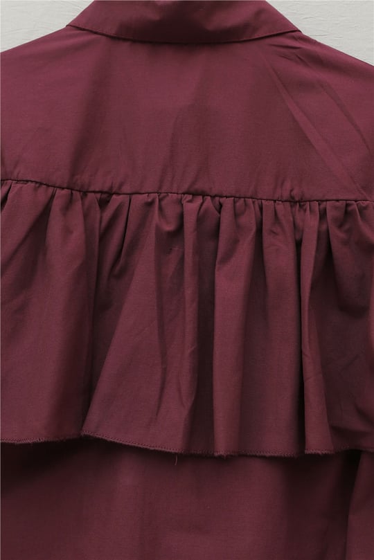 Önü Ve Omuzu Fırfır Detaylı Poplin Gömlek Bluz -Bordo