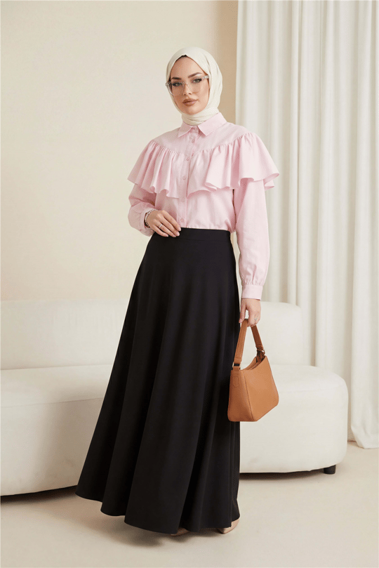Önü Ve Omuzu Fırfır Detaylı Poplin Gömlek Bluz -Pembe