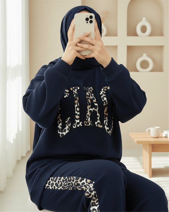 Önü Yazılı Leopar Deseni Detaylı Üç İplik Sweat Takım  -Laci
