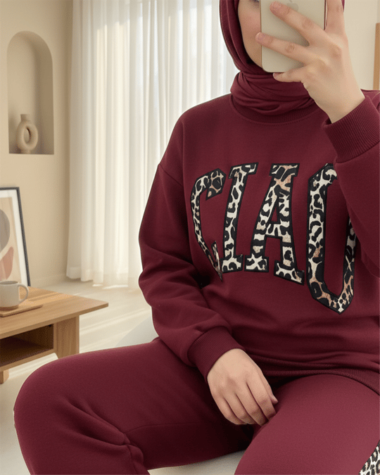 Önü Yazılı Leopar Deseni Detaylı Üç İplik Sweat Takım  -Bordo