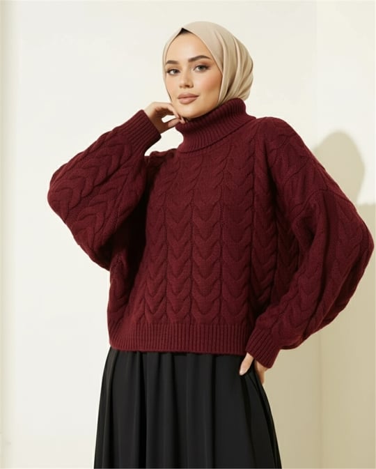 Örgü Desenli Boğazlı Triko Kazak  -Bordo